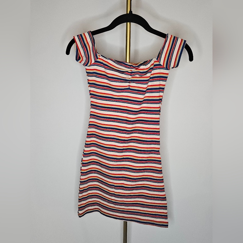 Urban Outfitters Striped Off-the-Shoulder Ribbed Bodycon Mini Dress - XS